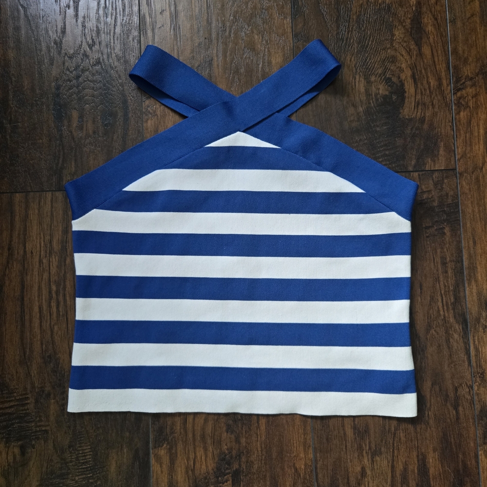 Sincerly Jules Royal Blue and White Striped Cross-Back Crop Top